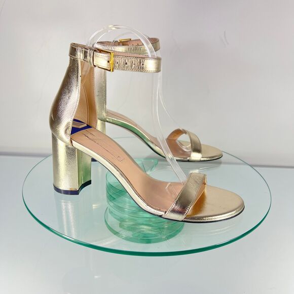 Stuart Weitzman Nudist Heel Sandals Gold Ankle Strap Open Toe Block - Picture 1 of 9